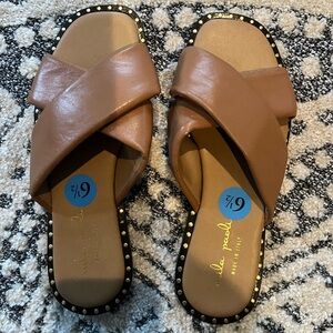 Mila Paoli Tan Crisscross Slide Sandals with Stud Trim